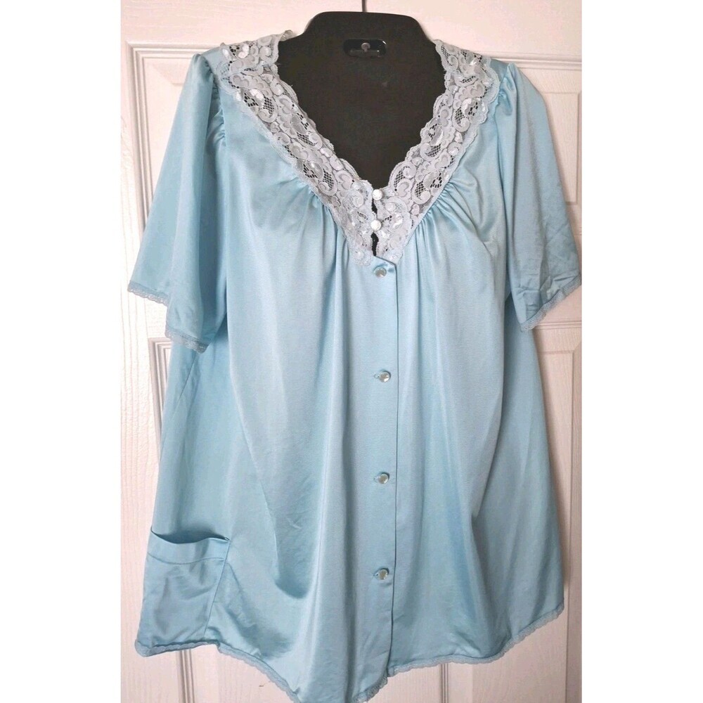 Vintage Pajama Top Bed Jacket ShadowLine Sz 36 Blue Nylon Sleepwear Loungewear